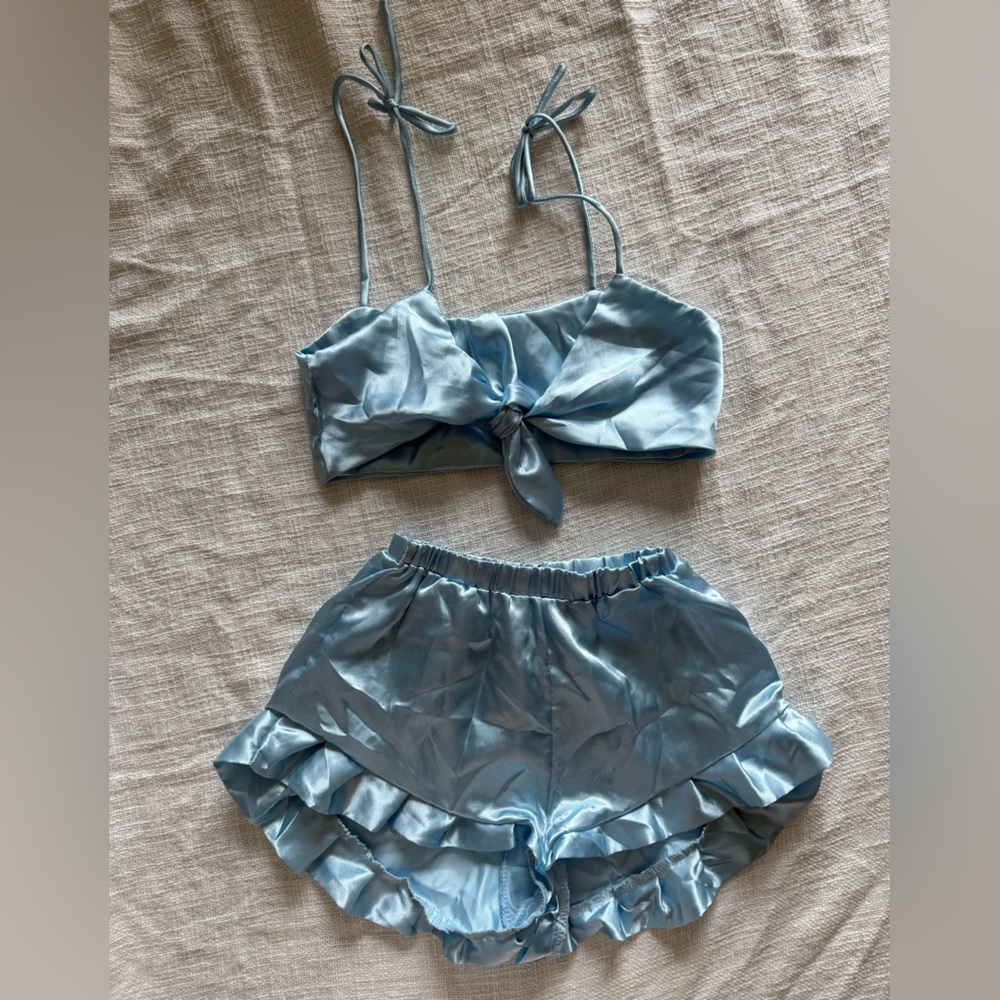 Satin Blue Tie-Front Sleepwear Set